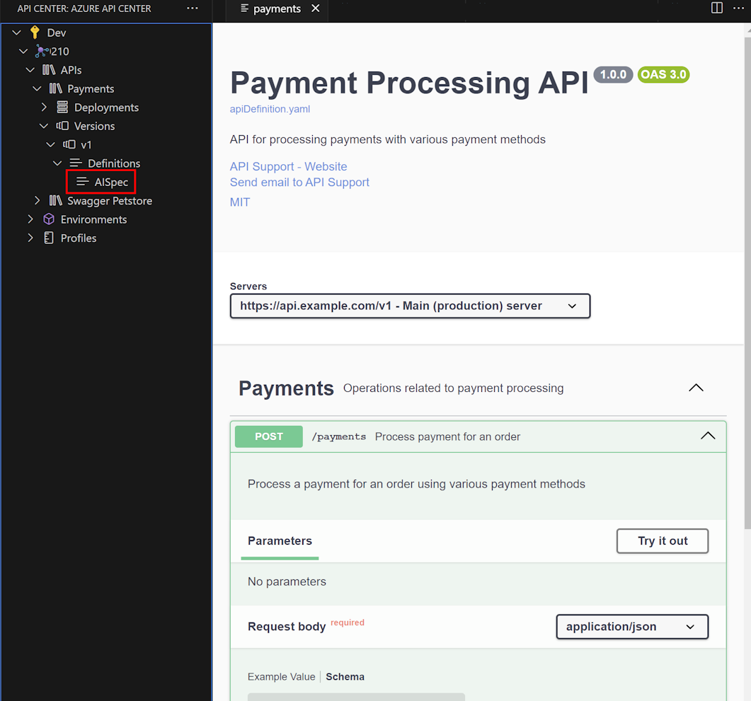 لقطة شاشة لواجهة مستخدم Swagger في ملحق VS Code.