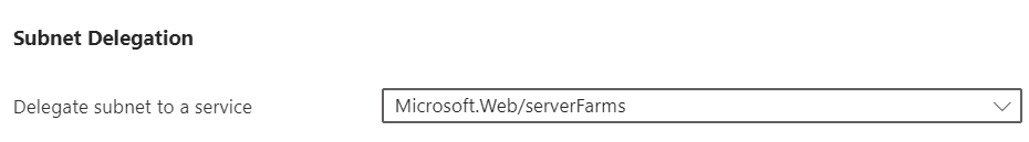 لقطة شاشة تعرض تفويض الشبكة الفرعية إلى Microsoft.Web/serverFarms في المدخل.
