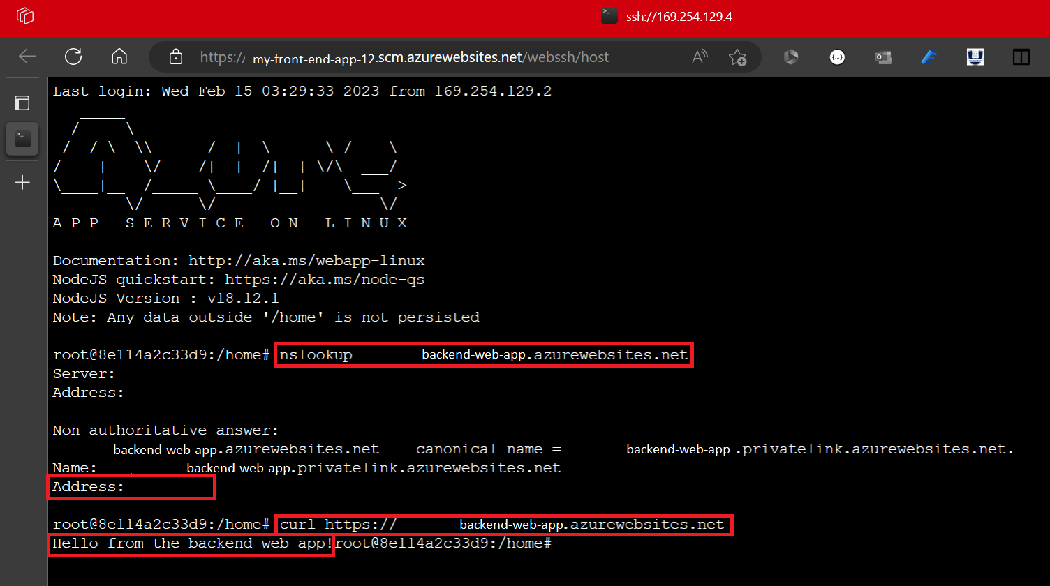 لقطة شاشة لجلسة SSH توضح كيفية التحقق من صحة اتصالات التطبيق.