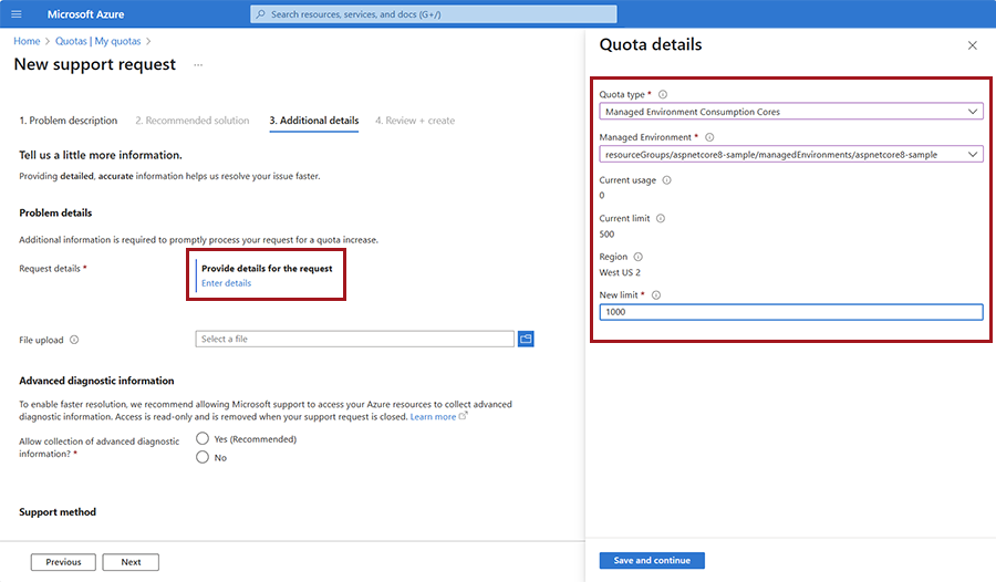 لقطة شاشة لنافذة تفاصيل نظام إدارة الحصة النسبية في Azure.