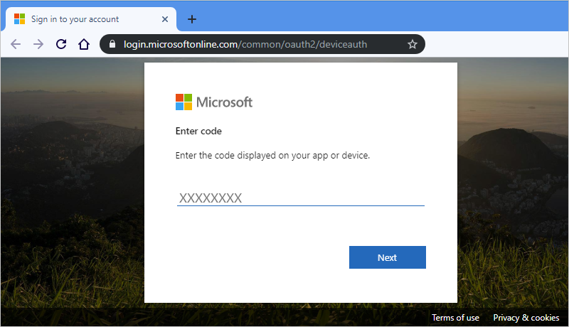 إدخال رمز المصادقة لتسجيل دخول Azure