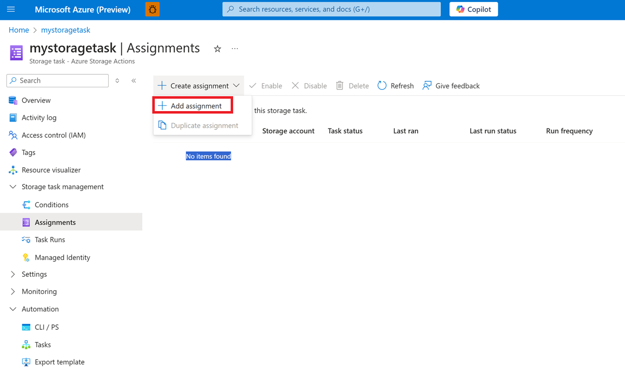 لقطة شاشة لصفحة التعيينات التي تظهر في سياق مهمة التخزين.
