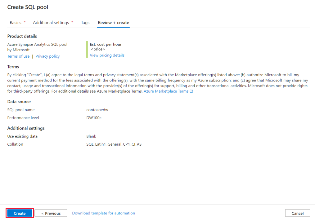 لقطة شاشة لتدفق إنشاء تجمع SQL - علامة التبويب إعدادات المراجعة.