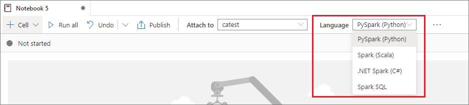لقطة شاشة للقائمة المنسدلة لتحديد لغة في دفتر ملاحظات Synapse.