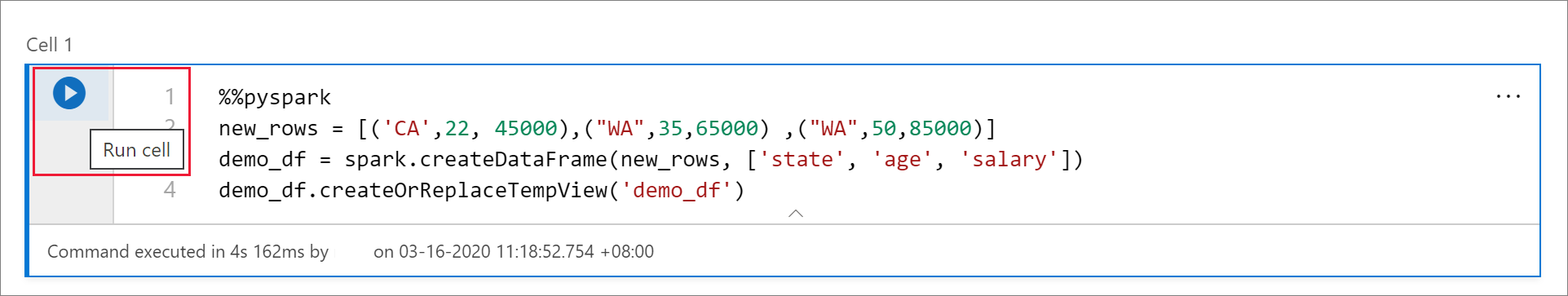 لقطة شاشة لأمر تشغيل خلية في دفتر ملاحظات Synapse.