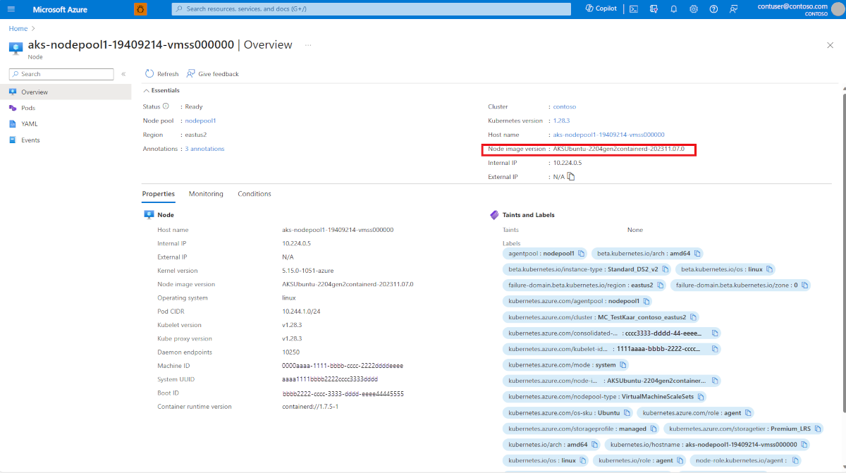 لقطة شاشة لصفحة العقد لمجموعة AKS في مدخل Microsoft Azure. تعرض تسمية إصدار صورة العقدة بوضوح صورة العقدة الأساسية وأحدث تاريخ تصحيح أمان مطبق.