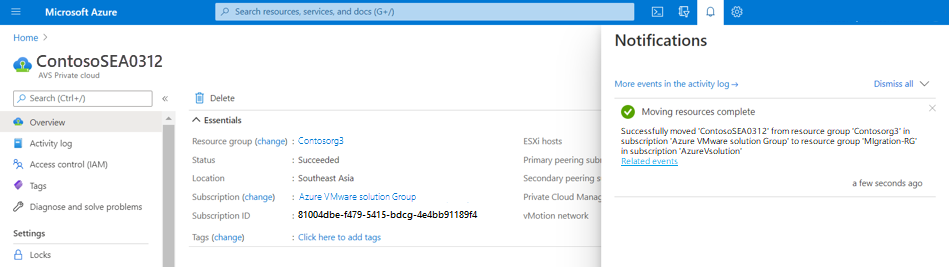 Screenshot of the notification after the resources move is complete.