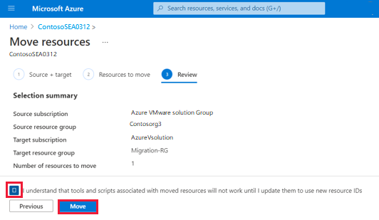 Screenshot showing the summary of the selected resource being moved.