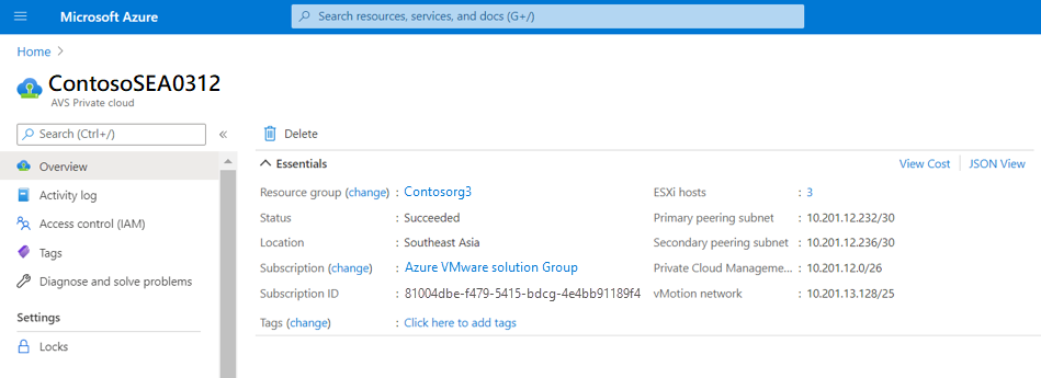Screenshot that shows the overview details of the selected private cloud.