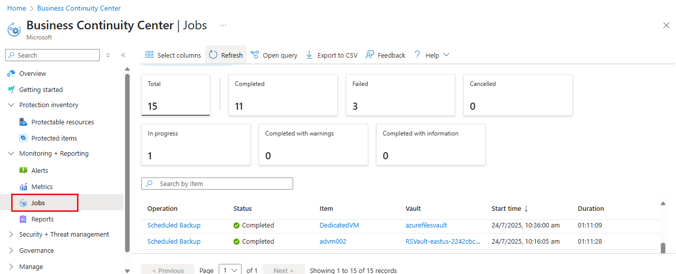 لقطة شاشة تعرض حالة مهمة النسخ الاحتياطي.