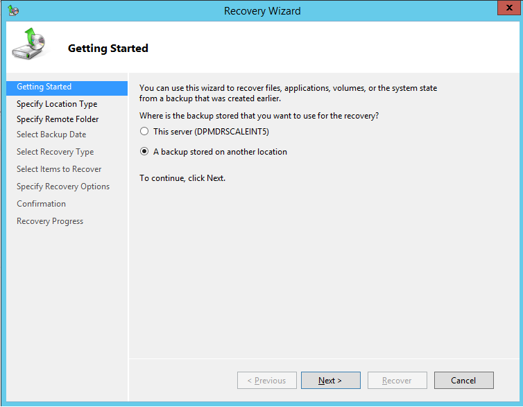 اختر الاسترداد إلى خادم مختلف