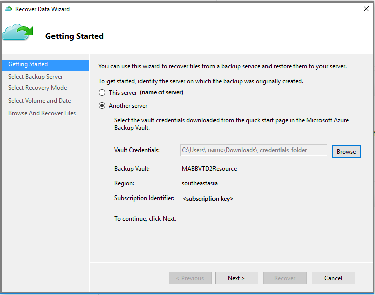 لقطة شاشة لصفحة بدء معالج استعادة البيانات (استعادة الجهاز البديل)