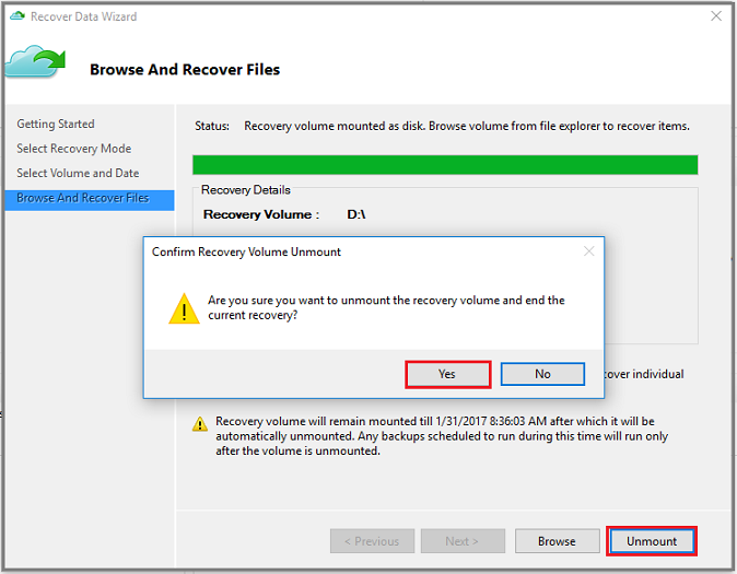 لقطة شاشة لـRecover Data Wizard Browse and Recover Files page (الاستعادة إلى نفس الجهاز) - تأكيد إلغاء تحميل وحدة تخزين الاسترداد