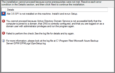 Azure Backup Server - لم تتم تلبية متطلبات التثبيت الأساسية