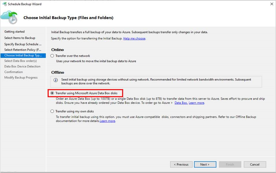 لقطة شاشة توضح كيفية اختيار نوع النسخ الاحتياطي الأولي.