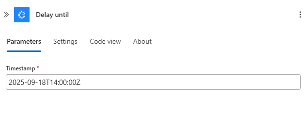 تعرض لقطة الشاشة الإجراء المسمى التأخير حتى والطابع الزمني لوقت إنهاء التأخير.