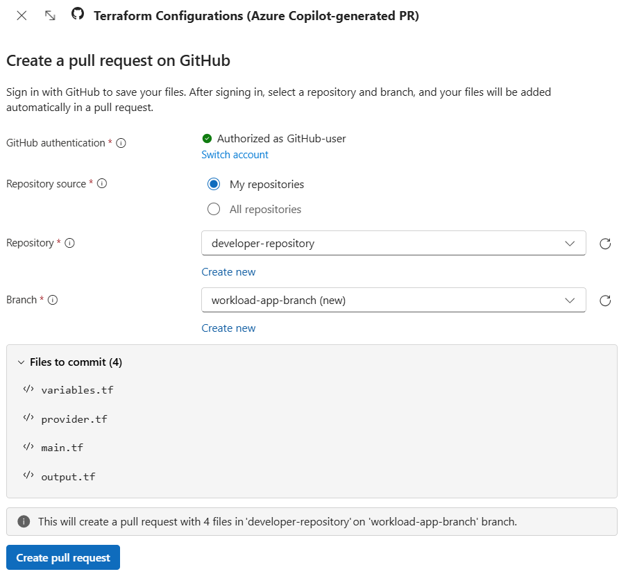 لقطة شاشة لموقع Azure Copilot وهو ينشئ طلب سحب على GitHub لإضافة ملفات تم إنشاؤها.