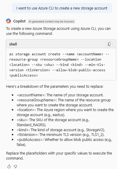 لقطة شاشة لموقع Azure Copilot وهو يوفر أوامر CLI لزر Azure لإنشاء حساب تخزين.