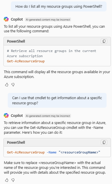لقطة شاشة لAzure Copilot وهو يوفر ملف PowerShell لقائمة مجموعات الموارد.