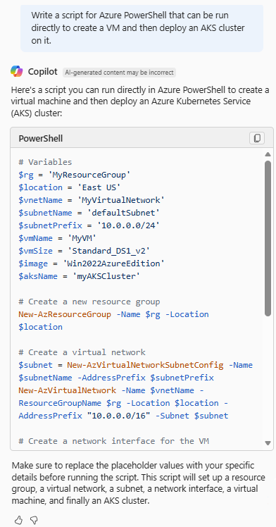 لقطة شاشة لAzure Copilot وهو يوفر سكريبت PowerShell ينشئ آلة افتراضية وينشر عنقود AKS.