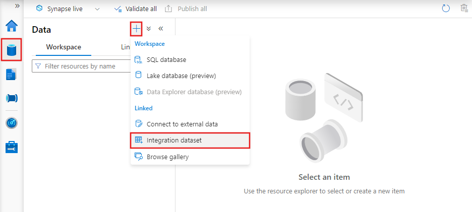 إظهار علامة التبويب «المؤلف» في Synapse Studio مع تحديد زر مجموعة البيانات الجديد.