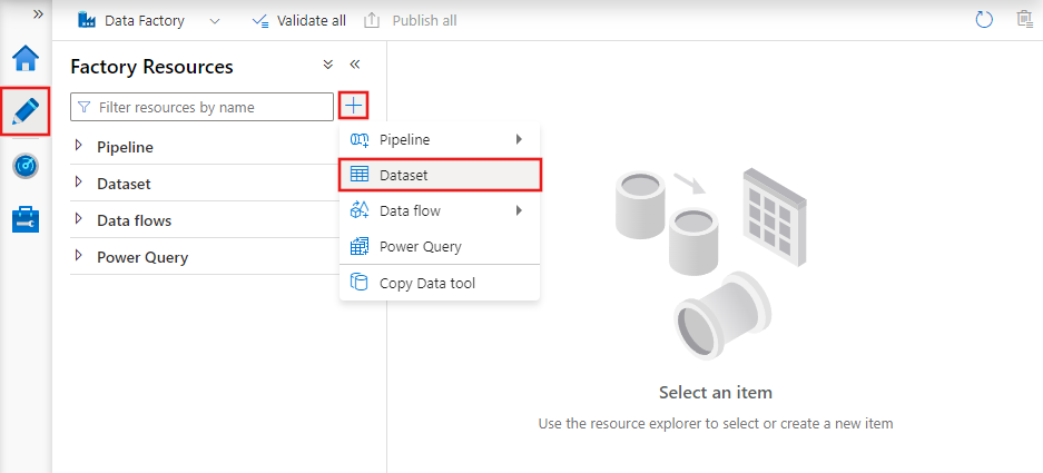 إظهار علامة التبويب «المؤلف» في Azure Data Factory Studio مع تحديد زر مجموعة البيانات الجديد.