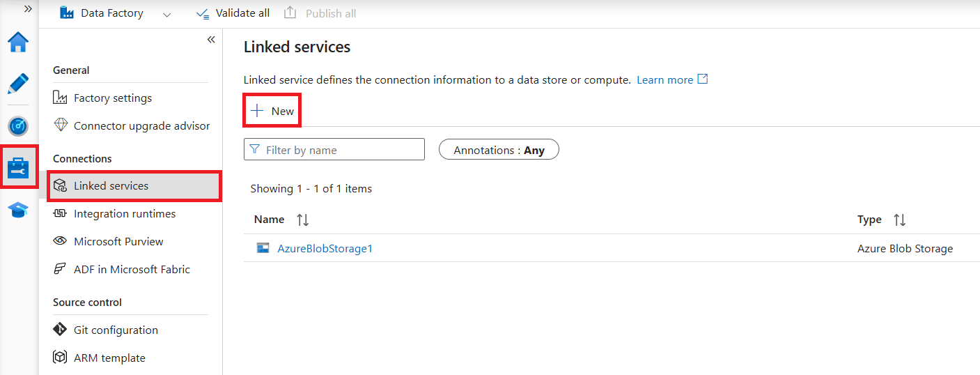 إظهار علامة التبويب إدارة استوديو Azure Data Factory مع الخدمات المرتبطة وتمييز الزر New.