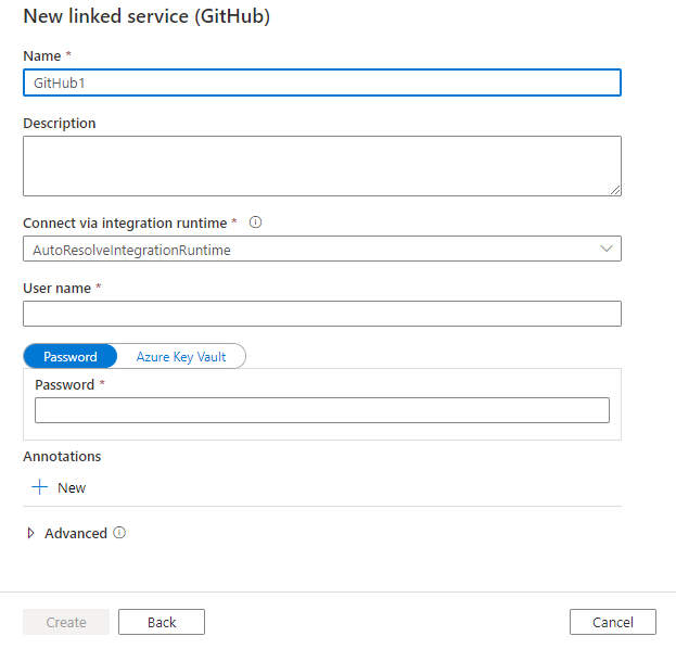 لقطة شاشة لتكوين الخدمة المرتبطة لـ GitHub.