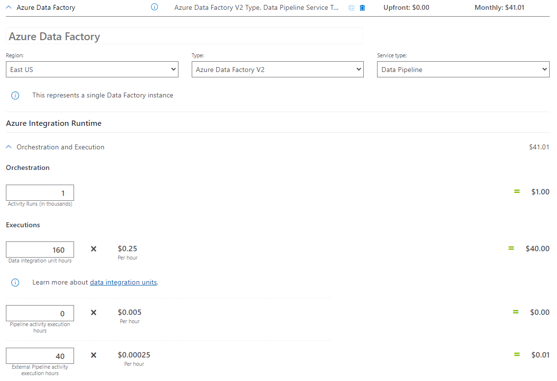 لقطة شاشة لحاسبة التسعير المكونة لنسخ البيانات والتحويل باستخدام سيناريو Azure Databricks.