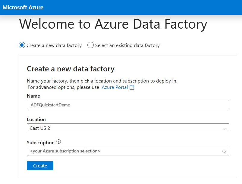 لقطة شاشة تعرض صفحة Azure Data Factory Studio لإنشاء مصنع بيانات.