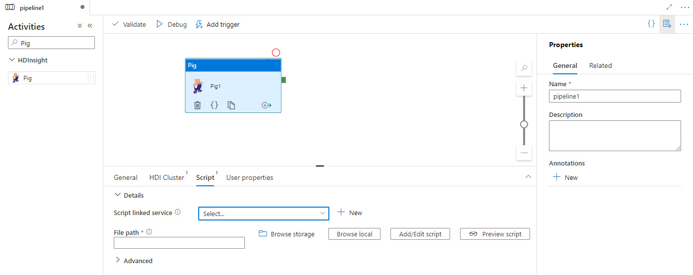 يعرض واجهة المستخدم لعلامة تبويب البرنامج النصي لنشاط Pig.