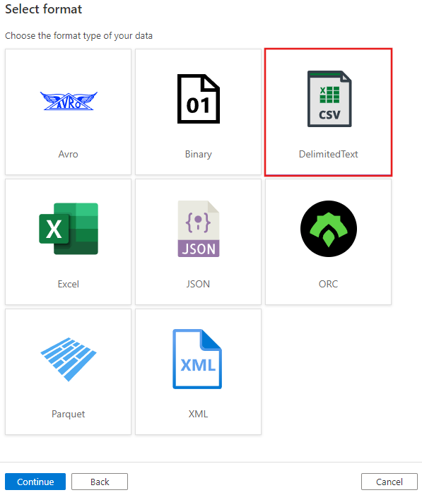إظهار لقطة شاشة للاقتباس؛ حدد Format" نافذة مع تمييز تنسيق DelimitedText.