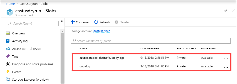 سجلات النسخ لحساب تخزين