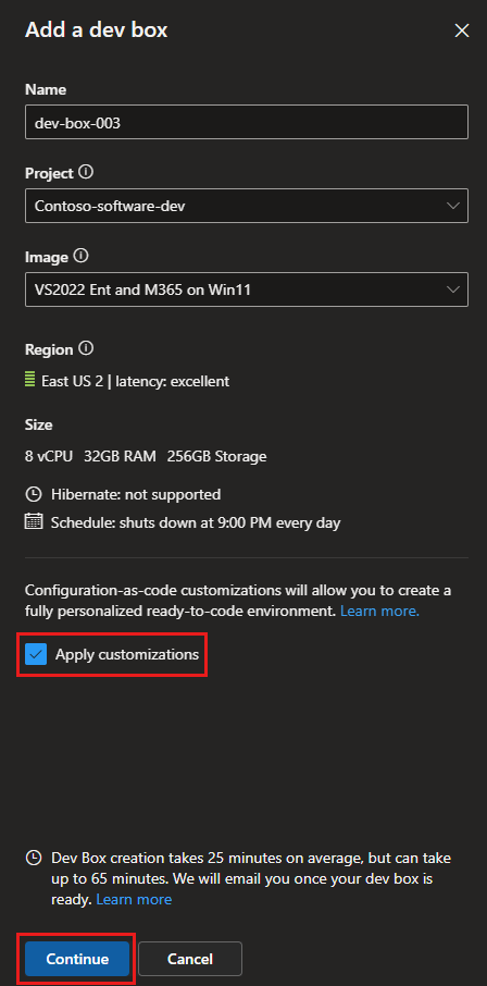 لقطة شاشة لجزء Add a dev box في مدخل المطور، تظهر خيار تطبيق التخصيصات.