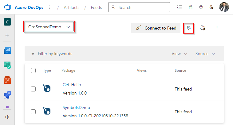 A screenshot showing how to access feed settings in Azure Artifacts.