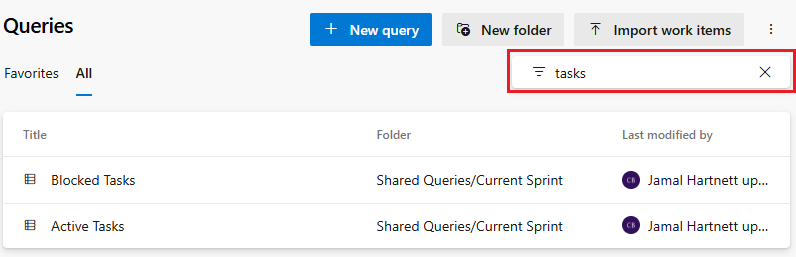 Screenshot showing all queries in the project filtered by a keyword criteria.