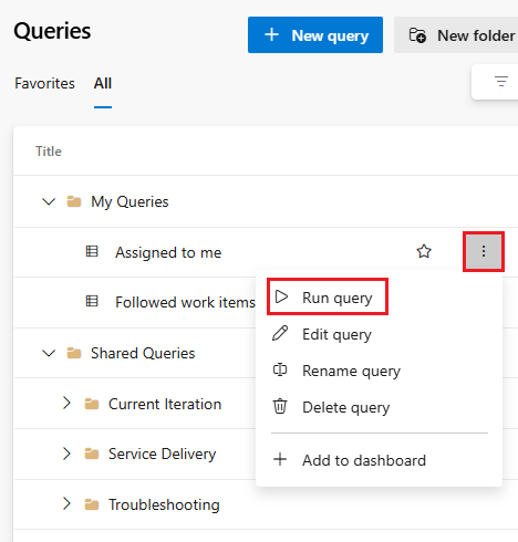 Screenshot of the context menu for a query on the Queries page.