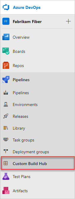 Screenshot of a custom hub added to Azure Pipelines.