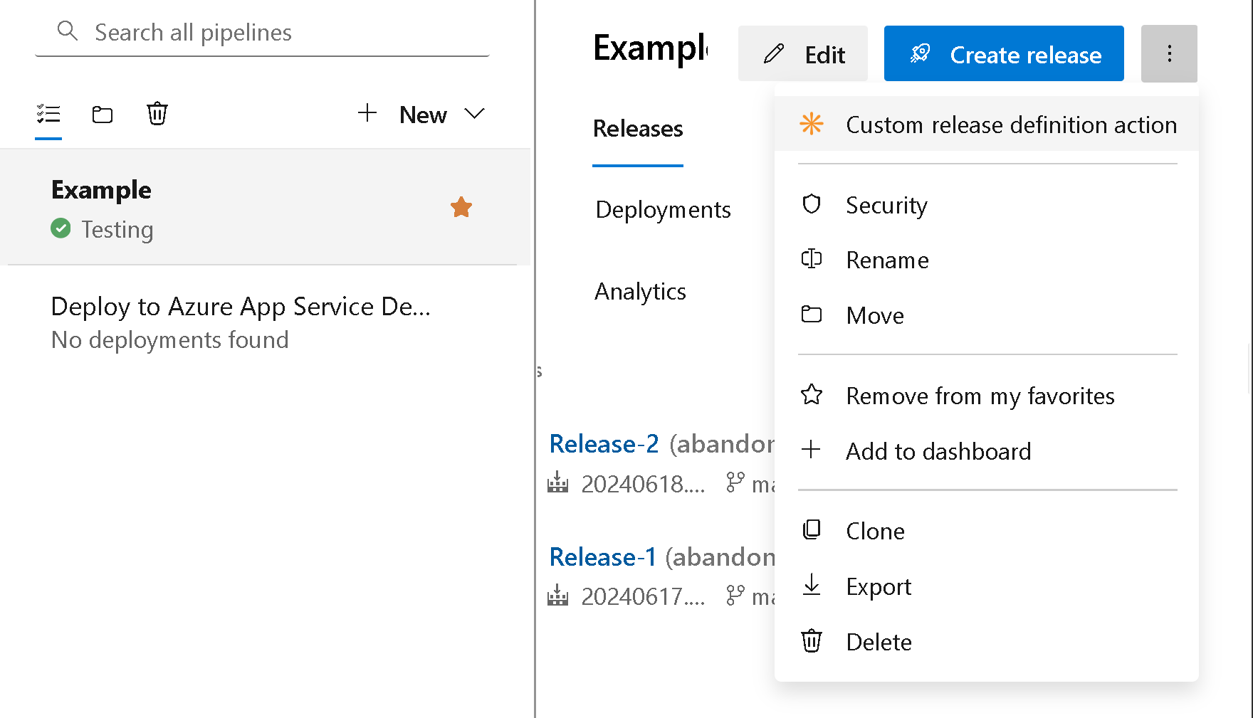 Screenshot of the release definition explorer context menu.