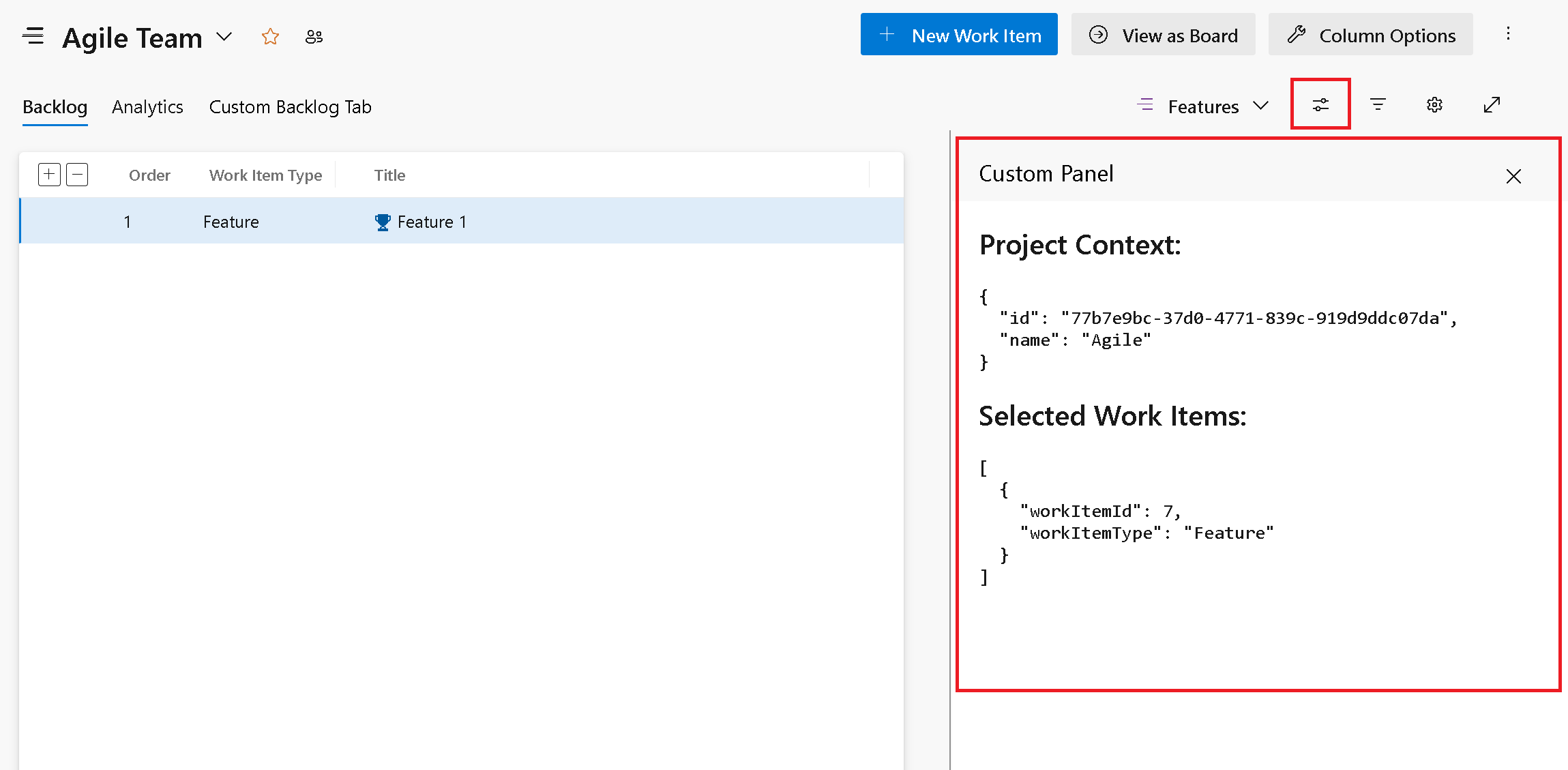 Screenshot of a custom pane on the portfolio backlog.