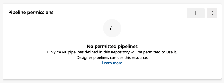 Screenshot of Pipeline permissions panel showing no permitted pipelines message, plus add and menu buttons at the top right.