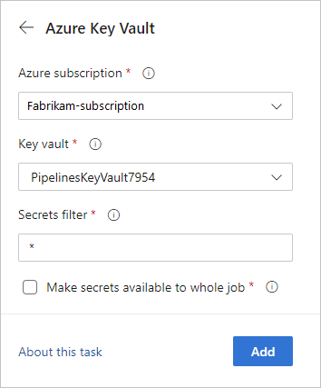 Screenshot of the task assistant panel with vault search results showing the Azure Key Vault task option.