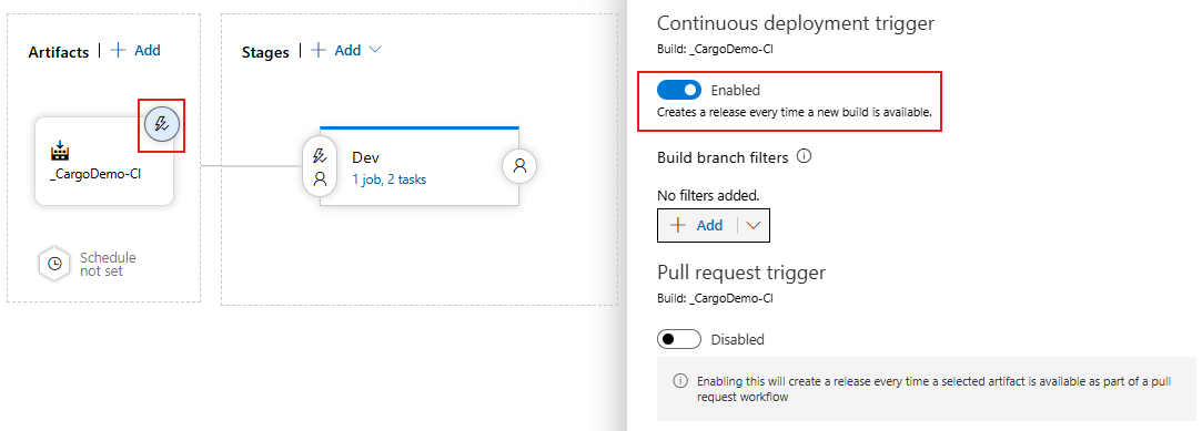 A screenshot displaying how to enable the continuous deployment trigger in a Classic release pipeline.