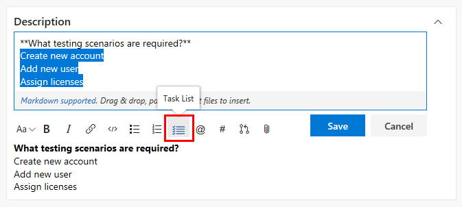 Screenshot that shows how to apply the Task List style on the Markdown toolbar to selected text in a pull request.