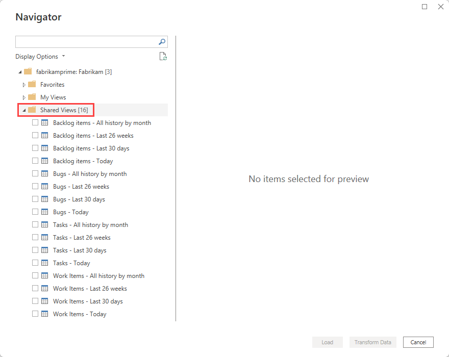 Screenshot of the Navigator dialog. The Shared Views folder is highlighted and expanded, with several default views visible.
