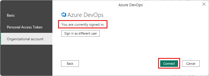 Screenshot that shows the Power BI Connection dialog, with a message about being signed in and the Connect button highlighted.