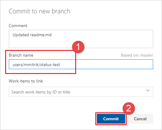 Screenshot showing new branch name field and Commit button.