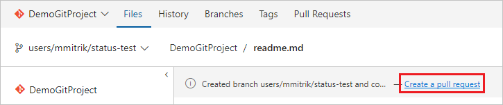 Screenshot showing the Create a pull request link in the suggestion bar.