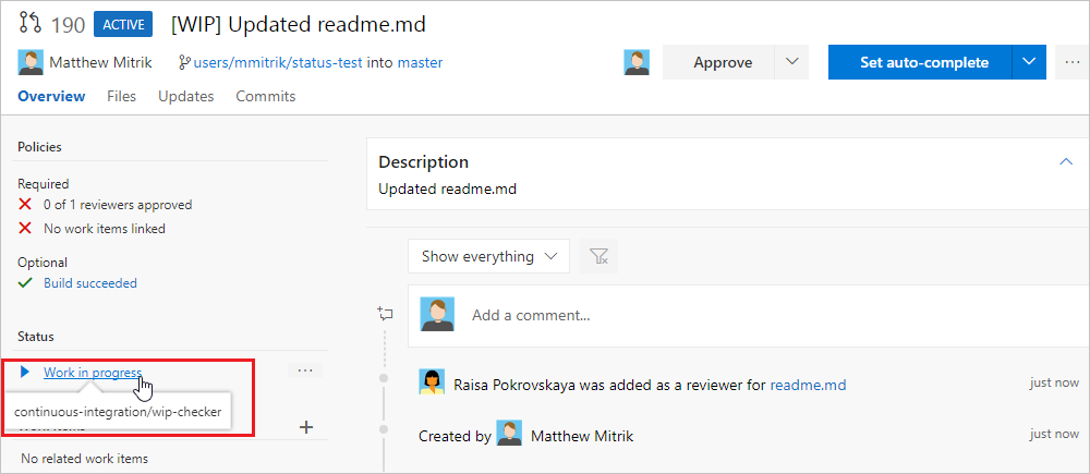 Screenshot showing the status section with the Work in progress entry.
