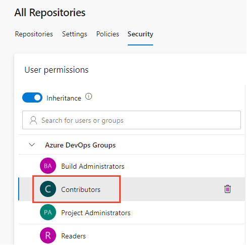 Screenshot that shows selecting the Contributors group.